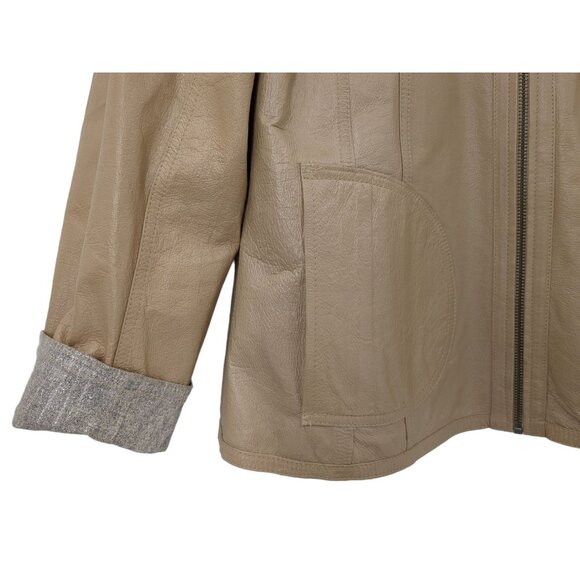 Chicos Reversible Leather Jacket Size 1 M Tan Silver Metallic Travel Full Zip - Picture 4 of 11